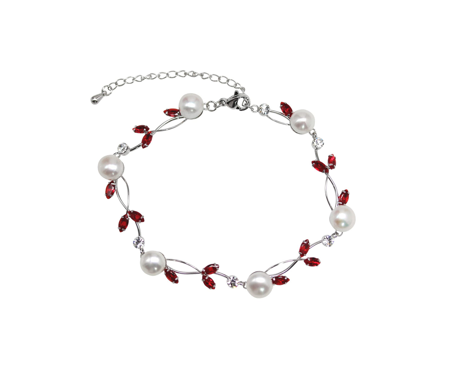 Faship Red CZ Crystal Genuine Freshwater Pearls Floral Bracelet 7.5" - 9.5" - Red/Matching Bracelet