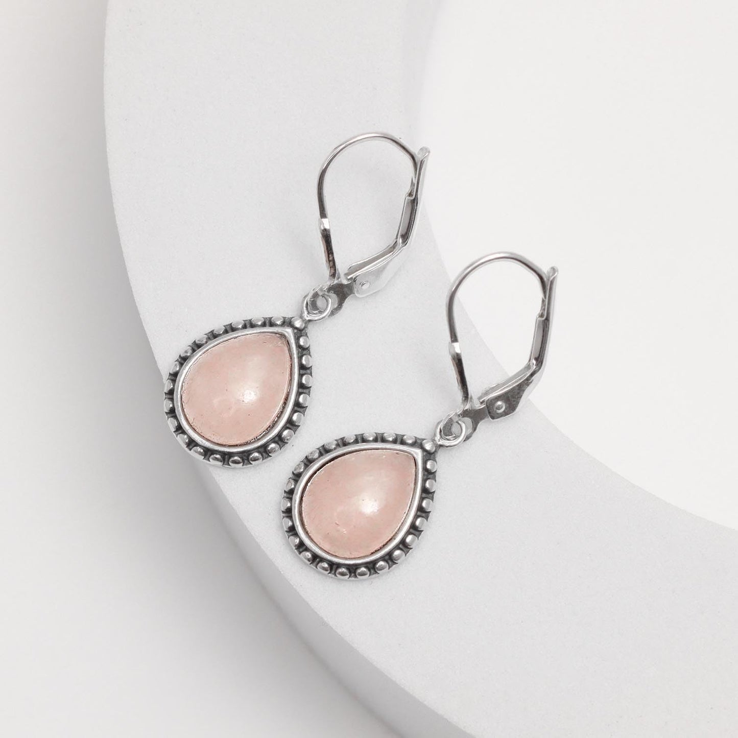 LeCalla 925 Sterling Silver Teardrop Leverback Earrings for Women | Antique Pear Shaped Rose Quartz Dangle Earrings 30MM
