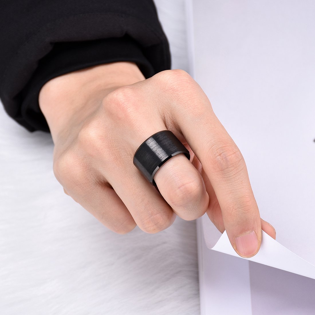 King Will Black-15mm Basic Wedding Ring For Men with Brushed Matte Surface Beveled Polished Edge Comfort Fit 11