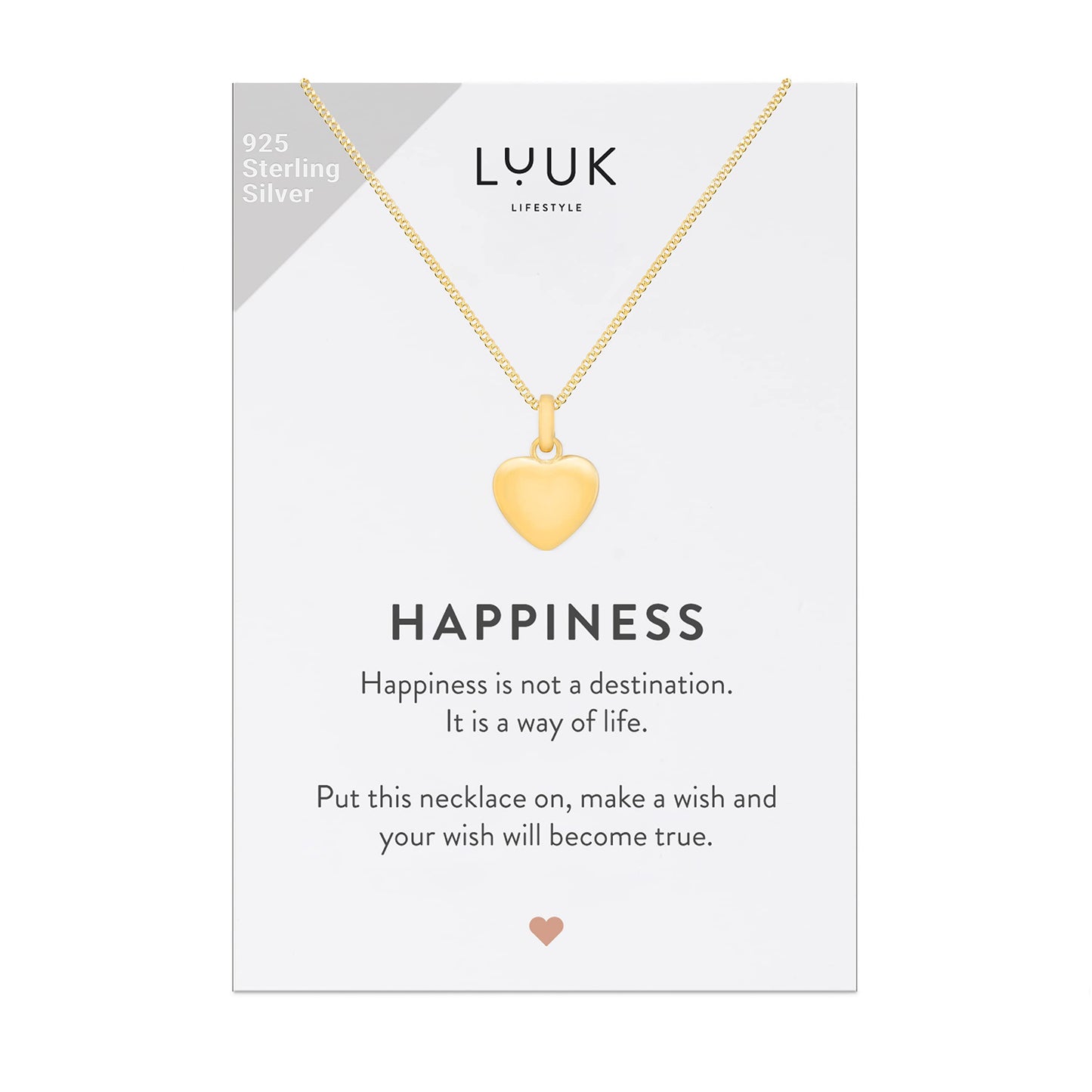 LUUK LIFESTYLE Feminine Necklace with love pendant, HAPPINESS gift card, 925 sterling silver, trendy look, adjustable 19” chain, women's fashion, Valentine's Day gift, birthday, friend, gold