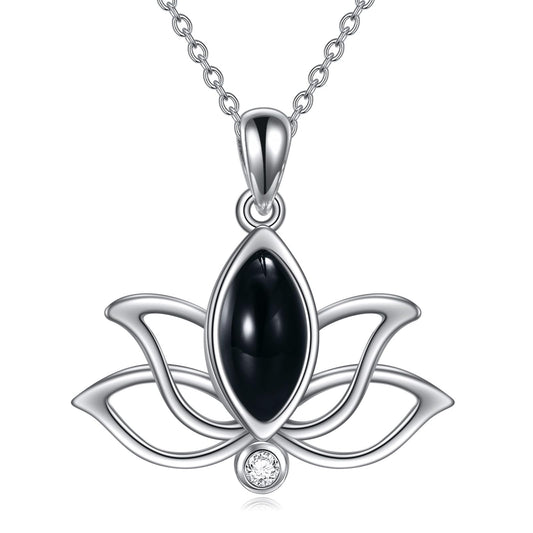 YFN Lotus Flower Necklace Sterling Silver Black Agate Lotus Pendant Lotus Jewelry Gifts for Women