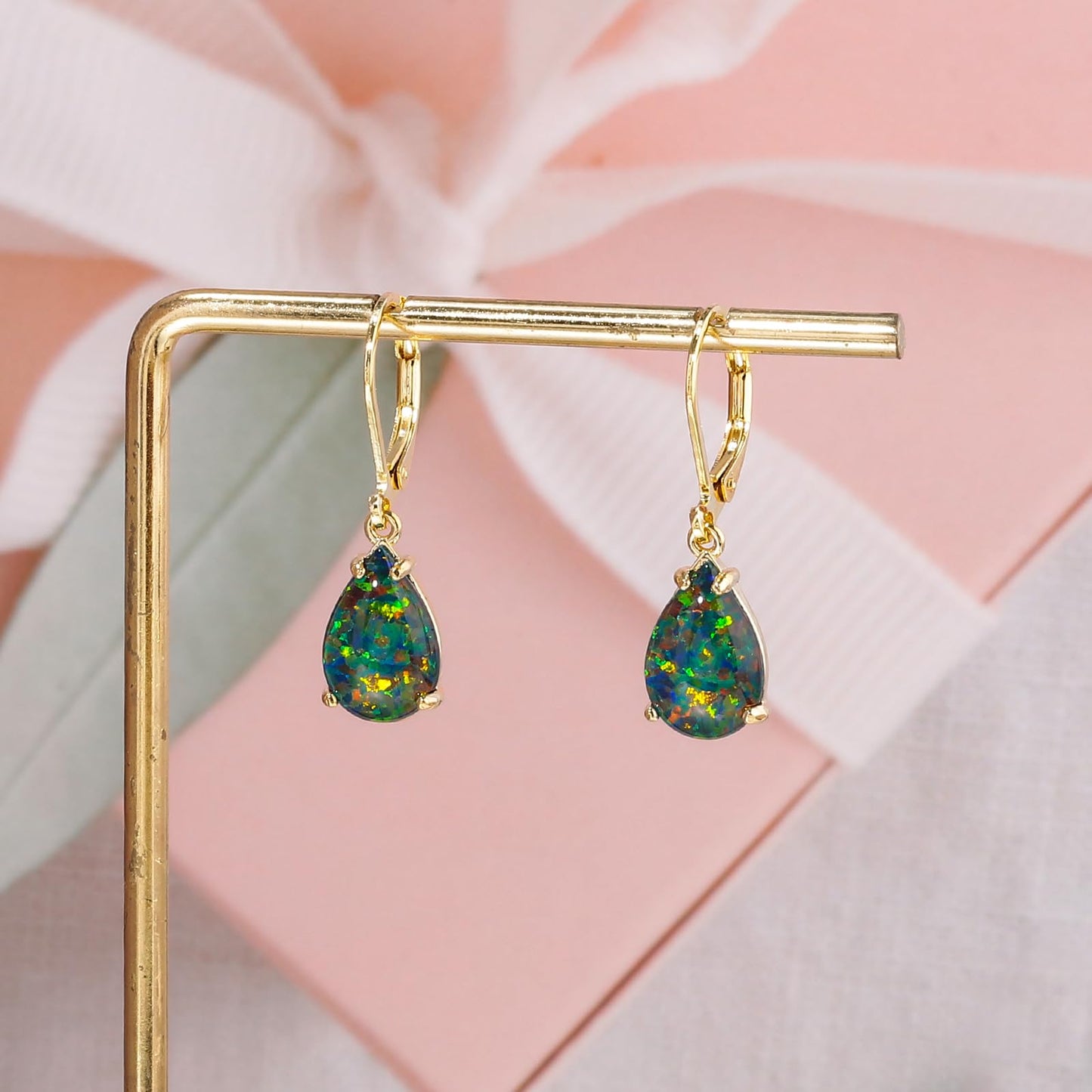 CiNily Teardrop Leverback Dangle Earrings for Women Hypoallergenic Green Black Opal Pendant Drop Earrings 14K Gold Hanging Lever Earrings Graduation Party Jewelry Gifts