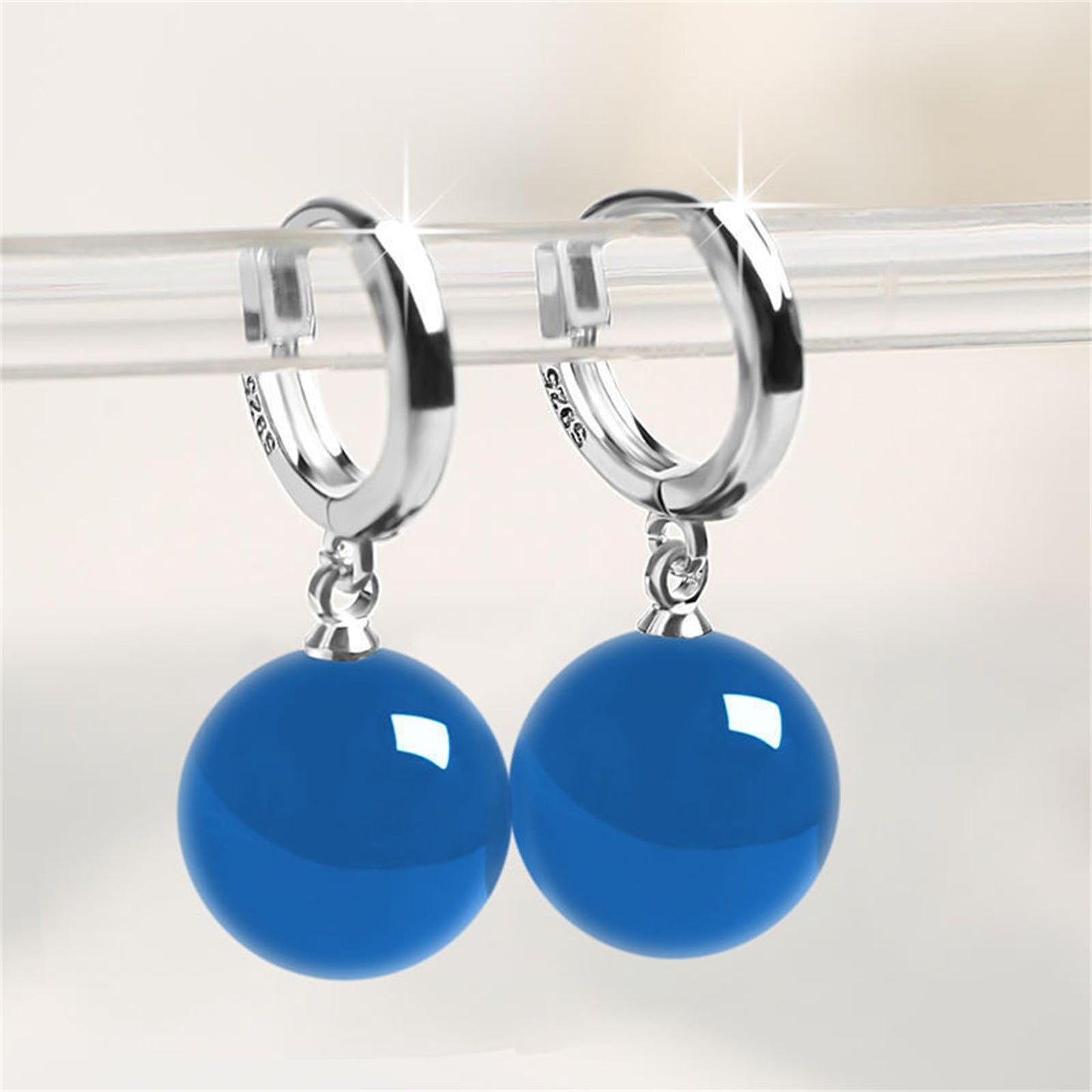 QLYOVWE Handmade Jade Earrings Basic Gemstone Round 12MM Bead Ball Drop Dangle Earrings Rose Quartz Stone Natural Agate Bead Jade Drop Earrings for Women (Blue)