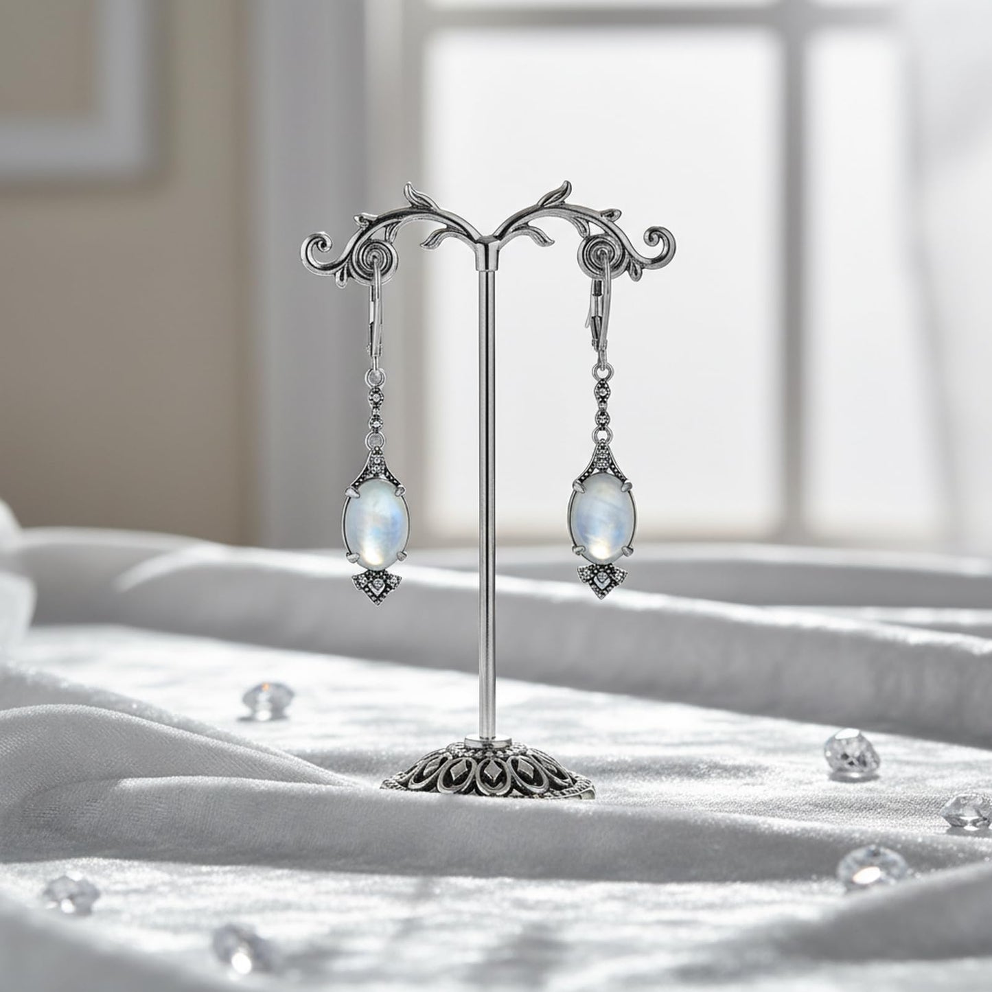 Moonstone Earrings 925 Sterling Silver Vintage Retro Antique Looking Leverback Dangle Drop Earrings Anniversary Jewelry Gifts for Women