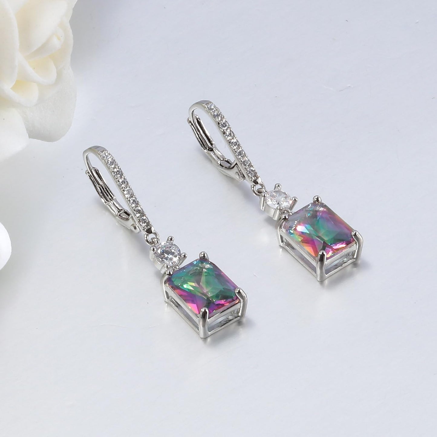 CiNily Leverback Earrings for Women Rectangular-cut Drop Dangle Earring Hypoallergenic, 14K White Gold Plated Mystic Rainbow Topaz Earrings Diamond Dangle Ear Rings Jewelry for Sensitive Ear