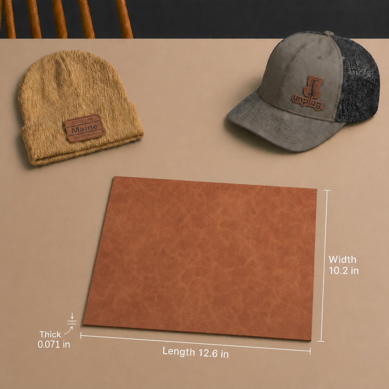 Tan/Black Laserable Leatherette Sheet Laser Engraving Blanks Thick Light Brown Faux Leather Hat Patches Heat Press Iron-on with Heat-Activated Adhesive Backing for Crafts Material Supplies,1.8mm,5-Pcs