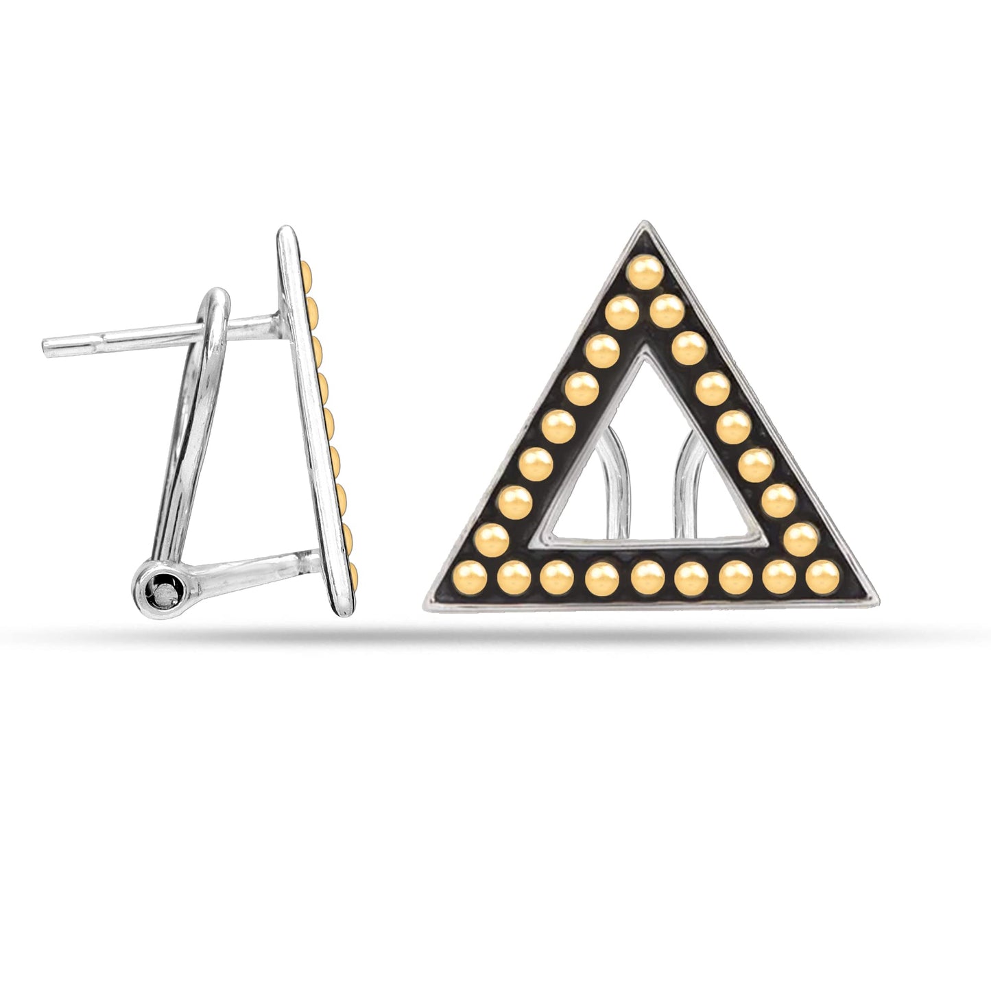 LeCalla 925 Sterling Silver Omega Back Earrings Jewelry Antique Beaded Two-Tone Triangle Omega Back Clip-On Large Stud Earrings for Women 17 MM