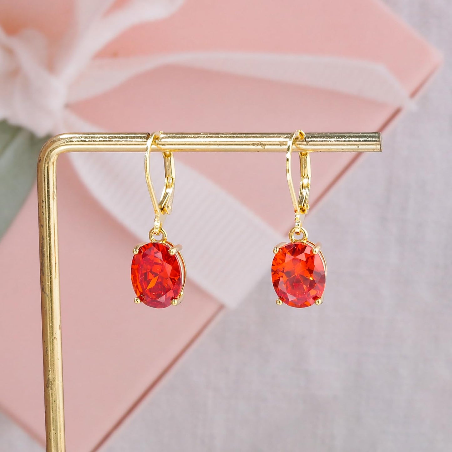 CiNily Cut-Oval Leverback Dangle Earrings for Women Orange Cubic Zircon 14K Gold Plated Hypoallergenic Hanging Earrings Lightweight Drop Earrings Fall Earrings