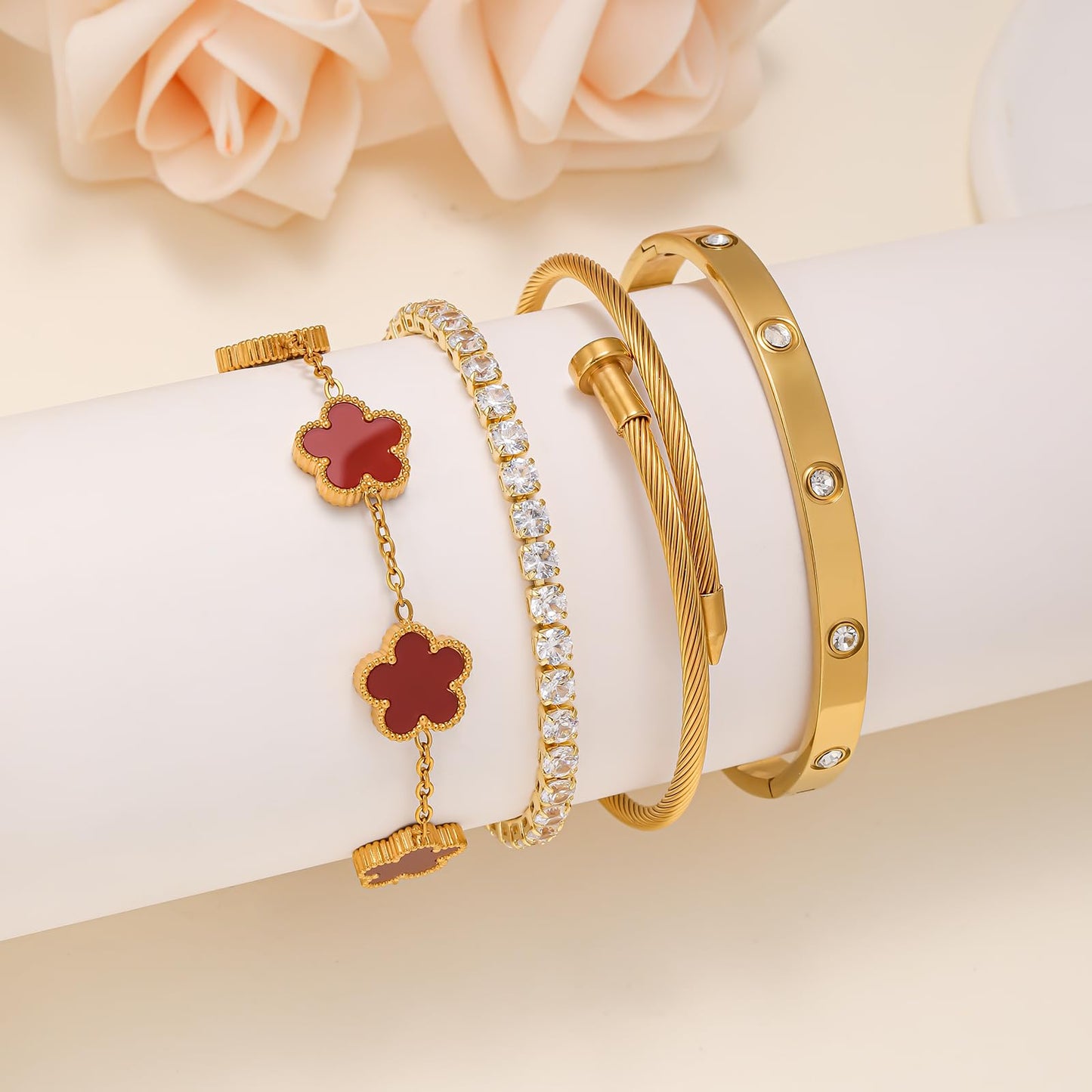 Gold Bracelets for Women, 18K Gold Plated Women Tennis Bracelets Clover Nail Love Bangle Bracelet Set, Gold Bracelet Stackable Set Trendy Jewelry, Gifts for Women's Day and Mother's Day (05-Color-red)