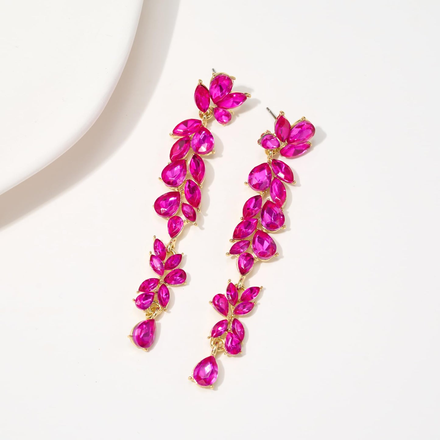 SWEETV Long Hot Pink Rhinestone Dangle Earrings for Women, Wedding Bridal Earrings for Brides, Crystal Chandelier Drop Earrings for Prom or Pageant