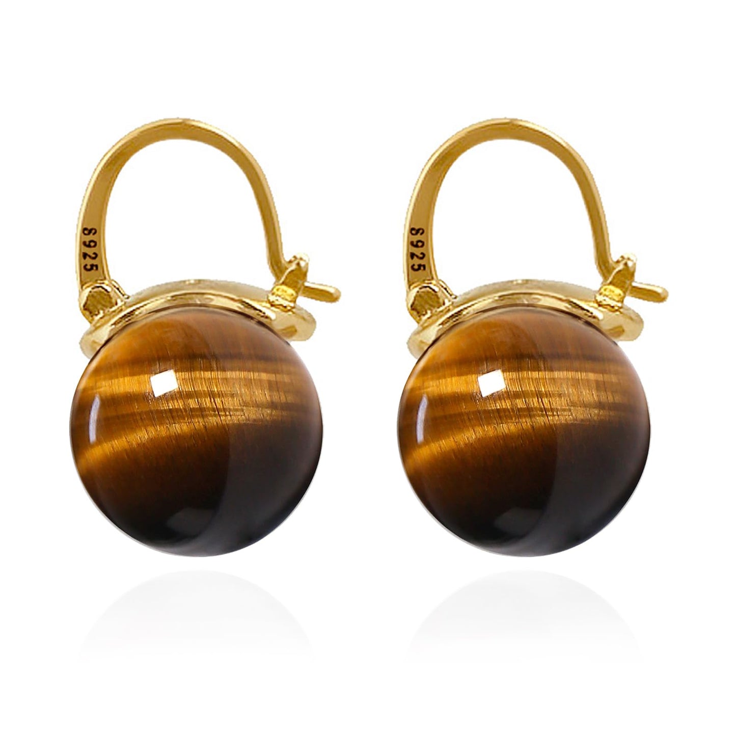 OwMell Elegant 925 Sterling Silver Pearl Drop Earrings Dangle Stud Gold Plated Earrings for Women Large Size 12mm - Tiger's Eye