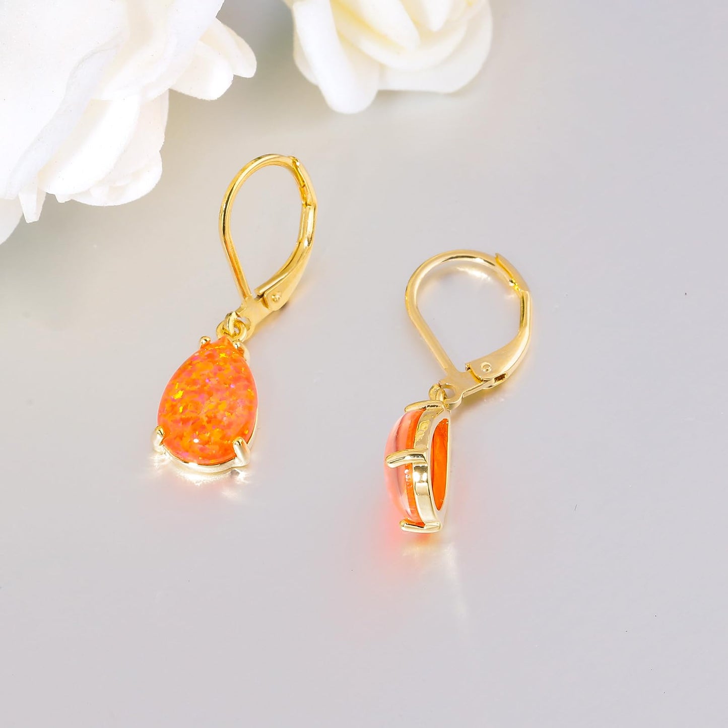 CiNily Teardrop Leverback Dangle Earrings for Women Hypoallergenic Orange Opal Pendant Drop Earrings 14K Gold Plated Hanging Lever Earrings Jewelry for Sensitive Ears