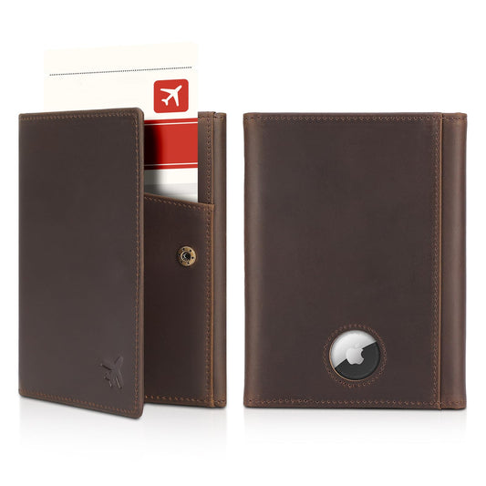 Polare Full Grain Leather Pilot Wallet Passport Holder RFID Blocking Tri-fold Travel Cover Document Organizer for Aviation Professionals (Dark Brown with AirTag Slot)
