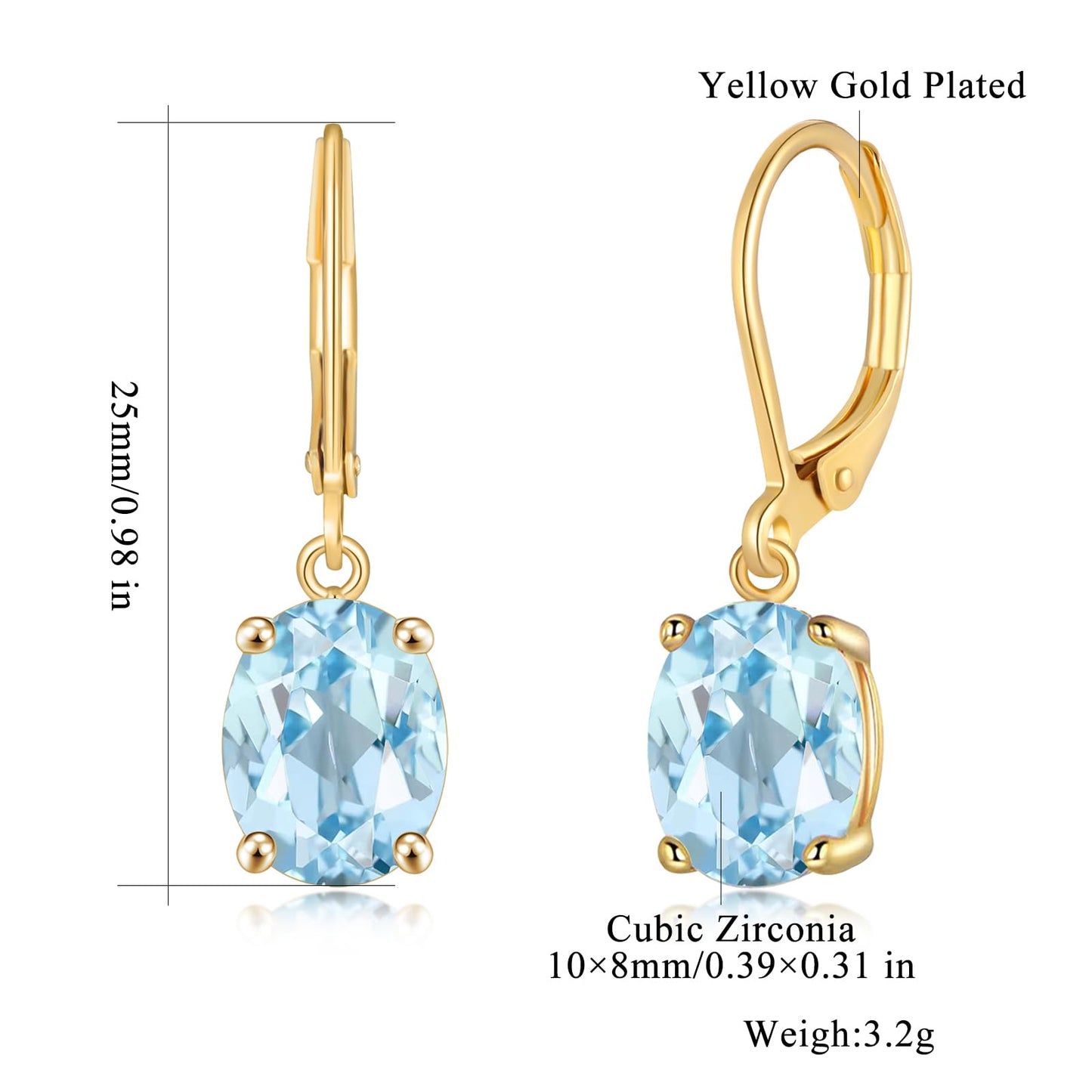 CiNily Cut-Oval Leverback Dangle Earrings for Women Light Blue Cubic Zircon 14K Gold Plated Hypoallergenic Hanging Earrings Lightweight Summer Drop Earrings Party Wedding Birthday Gifts
