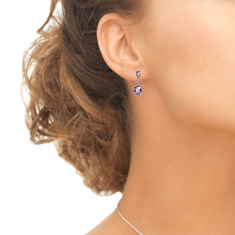 Sterling Silver Purple CZ Oval Three Stone Drop Dangle Earrings for Women