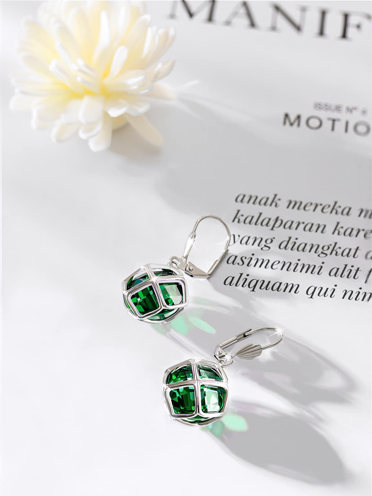 Big Dark Green Crystal Dangle Earrings for Women (May-Emerald-White Gold)