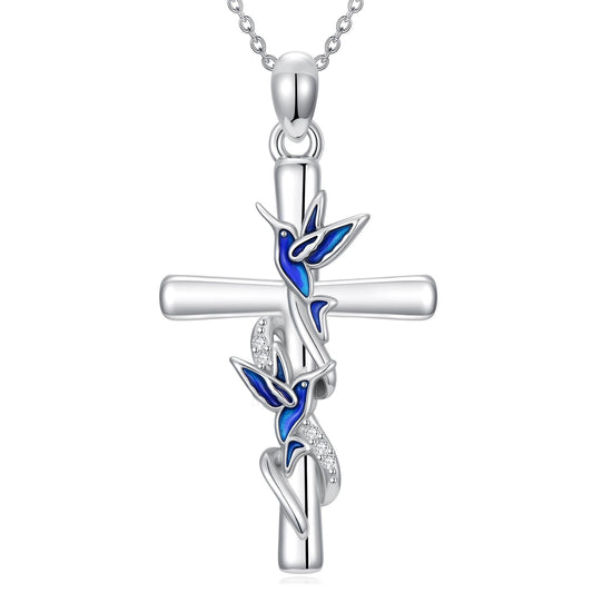 YYB Cross Necklace Valentines Day Gifts for Women 925 Sterling Silver Hummingbird Necklace Hummingbird Cross Pendant Gifts for Women