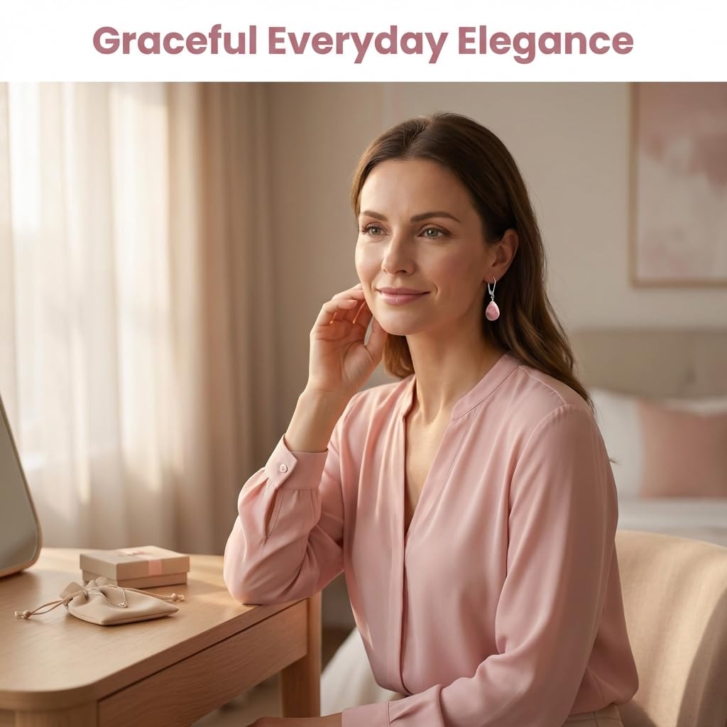 GemInspire | Rhodochrosite Teardrop Earrings for Women | 925 Sterling Silver Leverback Lightweight Natural Crystal Dangle Minimal Drop Jewelry Gift for Mom Wife Girlfriend Everyday Wear
