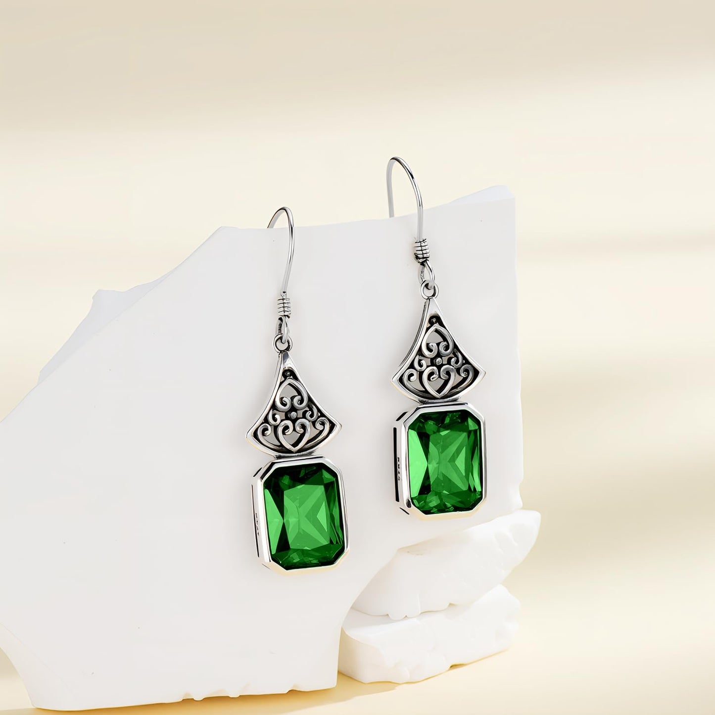 Vintage Earrings 925 Sterling Silver Oxidized Dangle Drop Earrings with Green Emerald Cut May Birthstone Anniversary Jewelry Gifts for Women