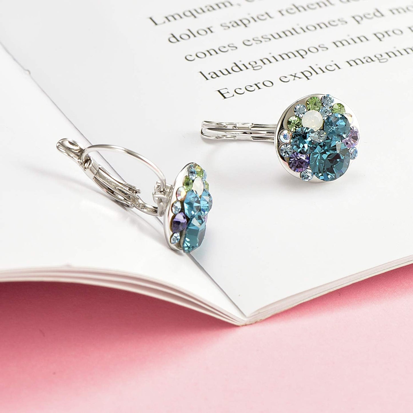 Multicolored Austrian Crystal Leverback Earrings for Women 14K Gold Plated Dangle Hoop Earrings (Blue Green Crystals/Silver-tone)