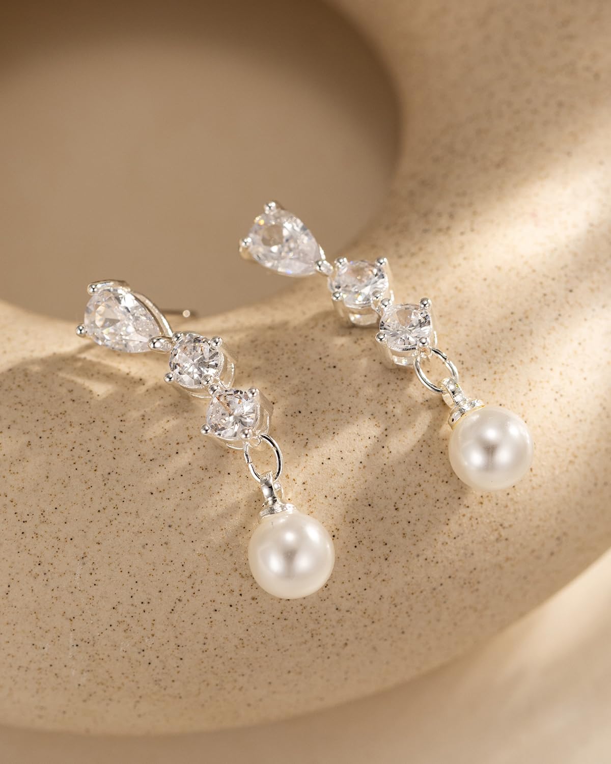 PRTGL Pearl Earrings - Silver White 14 Gold Plated Round and Teardrop Cut Cubic Zirconia Pearl Drop Dangle Earrings for Women Wedding Bridal