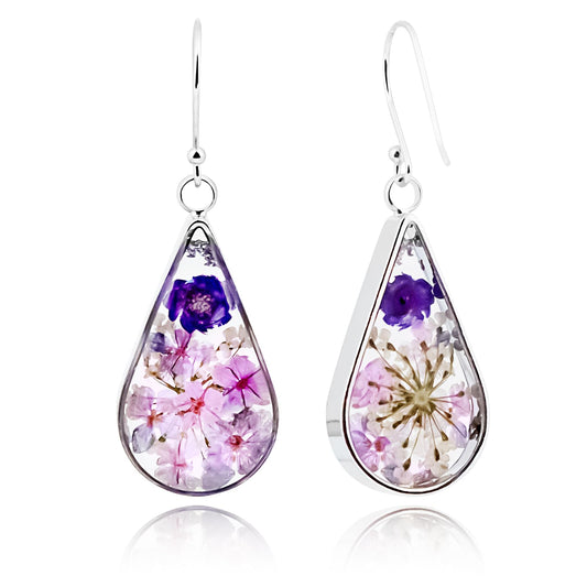 925 Sterling Silver Pressed Flower Teardrop Earrings,Hypoallergenic Women's Jewelry Gift for Mom,Handmade natural dried flower teardrop earrings Jewelry Gift (Emerald Color)