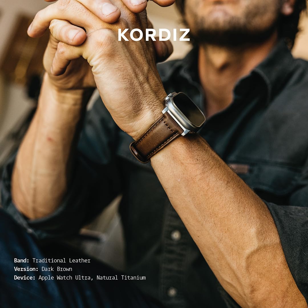 KORDIZ Traditional Leather Band for Apple Watch Series 11, 10, 9, 8, 7, 6 & SE3, SE2, SE [46mm/45mm/44mm] – Full-Grain Genuine Leather Replacement Strap for Men & Women – Classic Wristband Compatible with iWatch (Dark Brown)