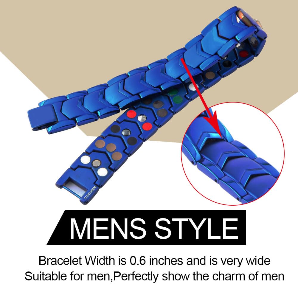 KYOSI 3X Mens Magnetic Bracelet Three rows Energy Stainless Steel Blue Bracelets for Men Magnet Link Jewelry Fathers Day Gift (Blue, 8.66 inches)