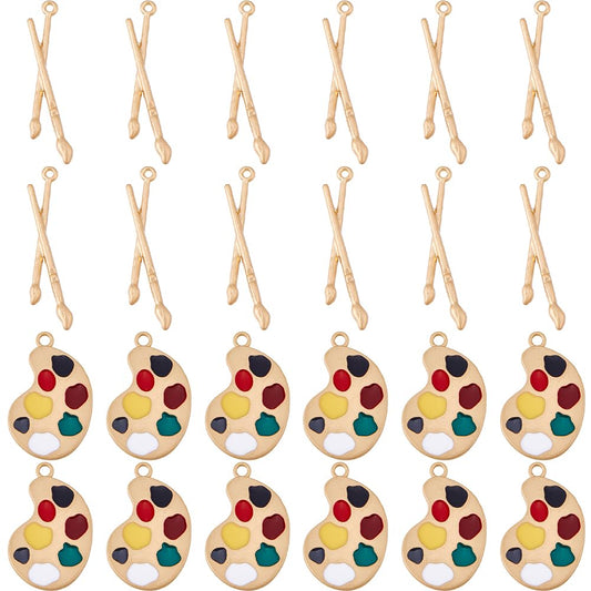 DICOSMETIC 24Pcs 2 Styles Artist Paint Charms Alloy Paint Brush Palette Charms Matte Gold Enamel Art Paintbrush Charm Art Teacher Gifts for DIY Necklace Earring Jewelry Making