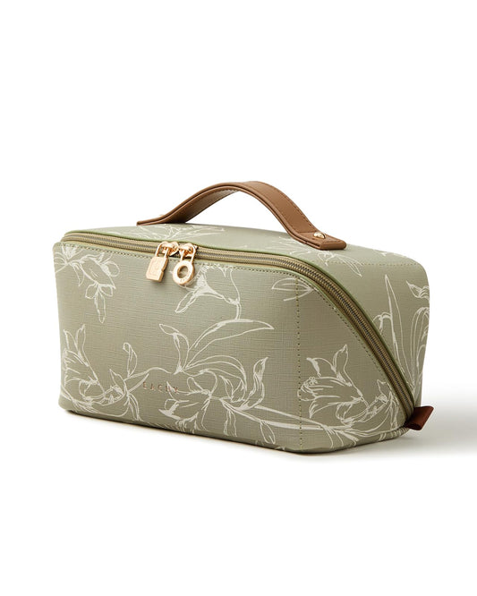 EACHY Travel Makeup Bag, Large Capacity Cosmetic Bags for Women, Waterproof Portable Pouch Open Flat Toiletry Bag Pattern Make up Bag (F-Green)