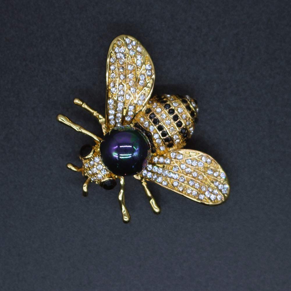 Honey Bee Brooches Crystal Insect Themed Bee Brooch Animal Fashion Shell Pearl Brooch Pin 14K Gold Plated(Multicolored black)