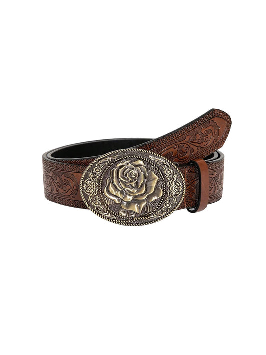 SHENHE Women's Western Cowgirl Belt Floral Engraved Metal Oval Vintage Leather Buckle Waist Belt Y2K Brown suit waist size:29.5-33.5"