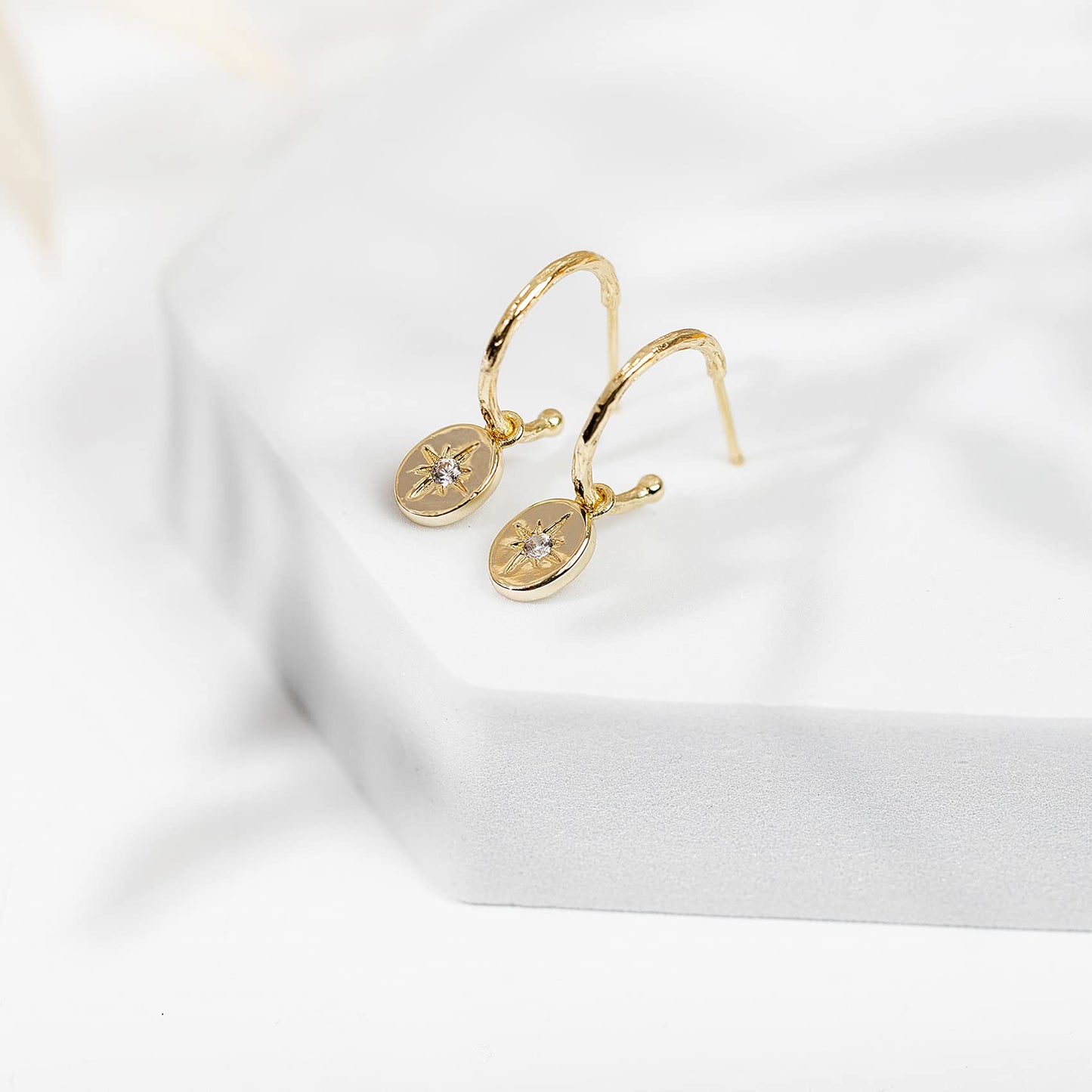 PAVOI 14K Yellow Gold Plated 925 Sterling Silver Post Celestial Dangle Huggie Hoop Earrings For Women - Trendy Starbusrst Drop Open Hoop Earrings - Cubic Zirconia Small Hinged Hammered Huggies