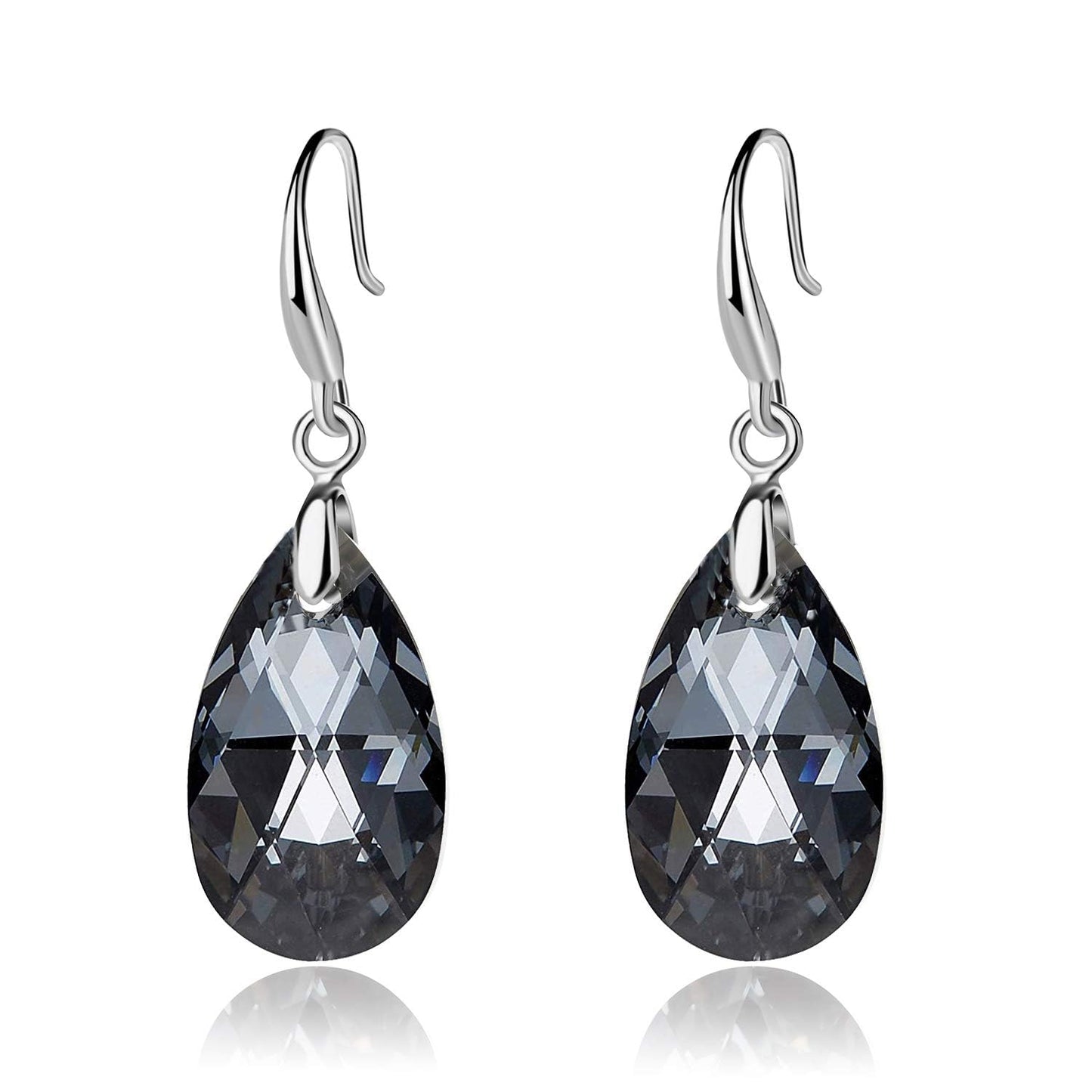 Austrian Crystal Teardrop Dangle Hook Earrings for Women 14K Gold Plated Hypoallergenic Jewelry (Grey-Black)