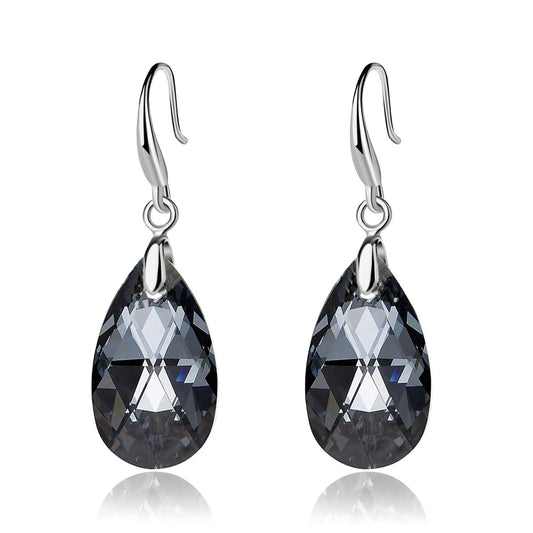 Austrian Crystal Teardrop Dangle Hook Earrings for Women 14K Gold Plated Hypoallergenic Jewelry (Grey-Black)