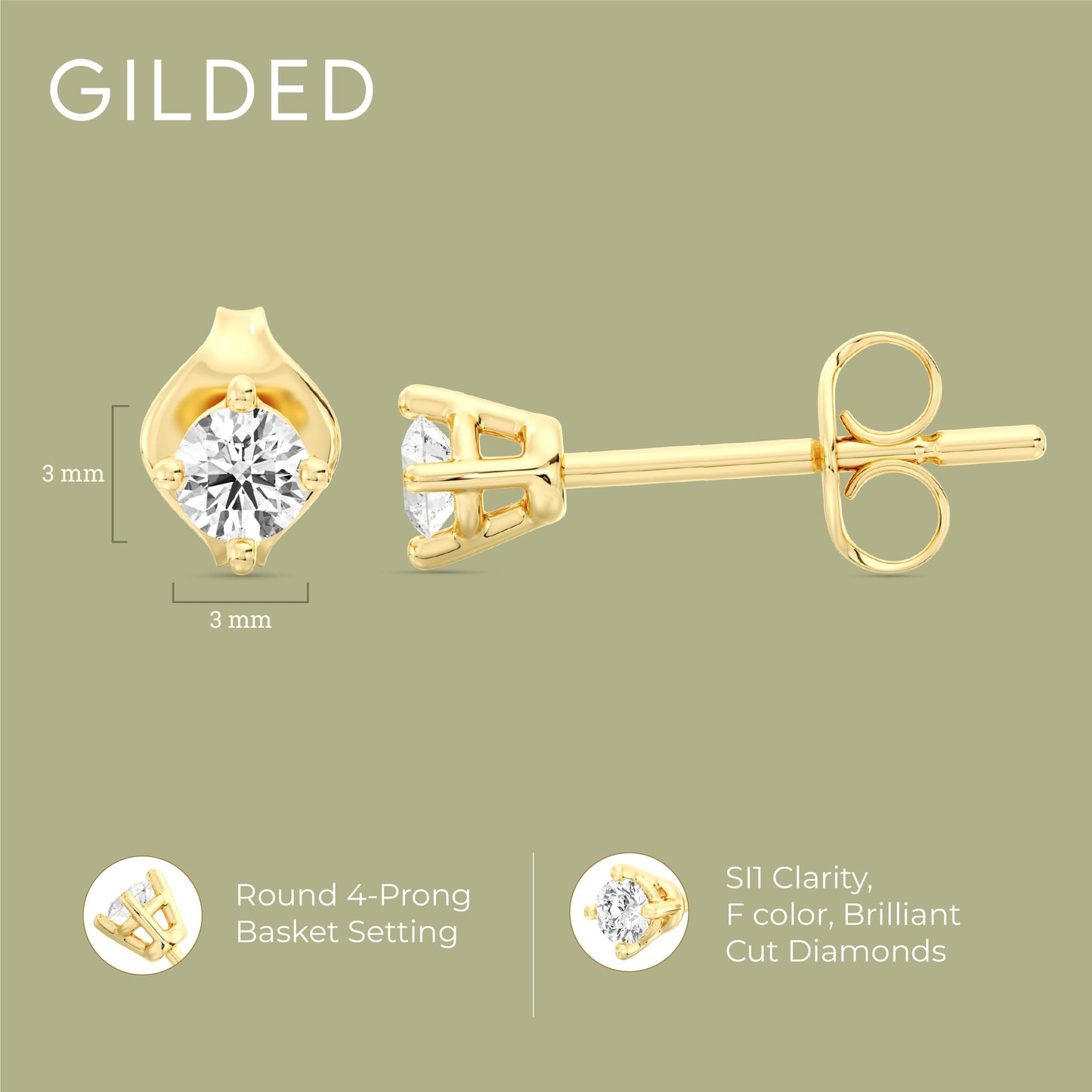Gilded 1/5 Carat Total Weight Lab-Grown Diamond 14KT Gold Plated Silver Stud Earrings for Women| Hypoallergenic Fine Jewelry | 4-Prong Basket, Push Back Nut | SI1 Clarity, F Color, Round Cut