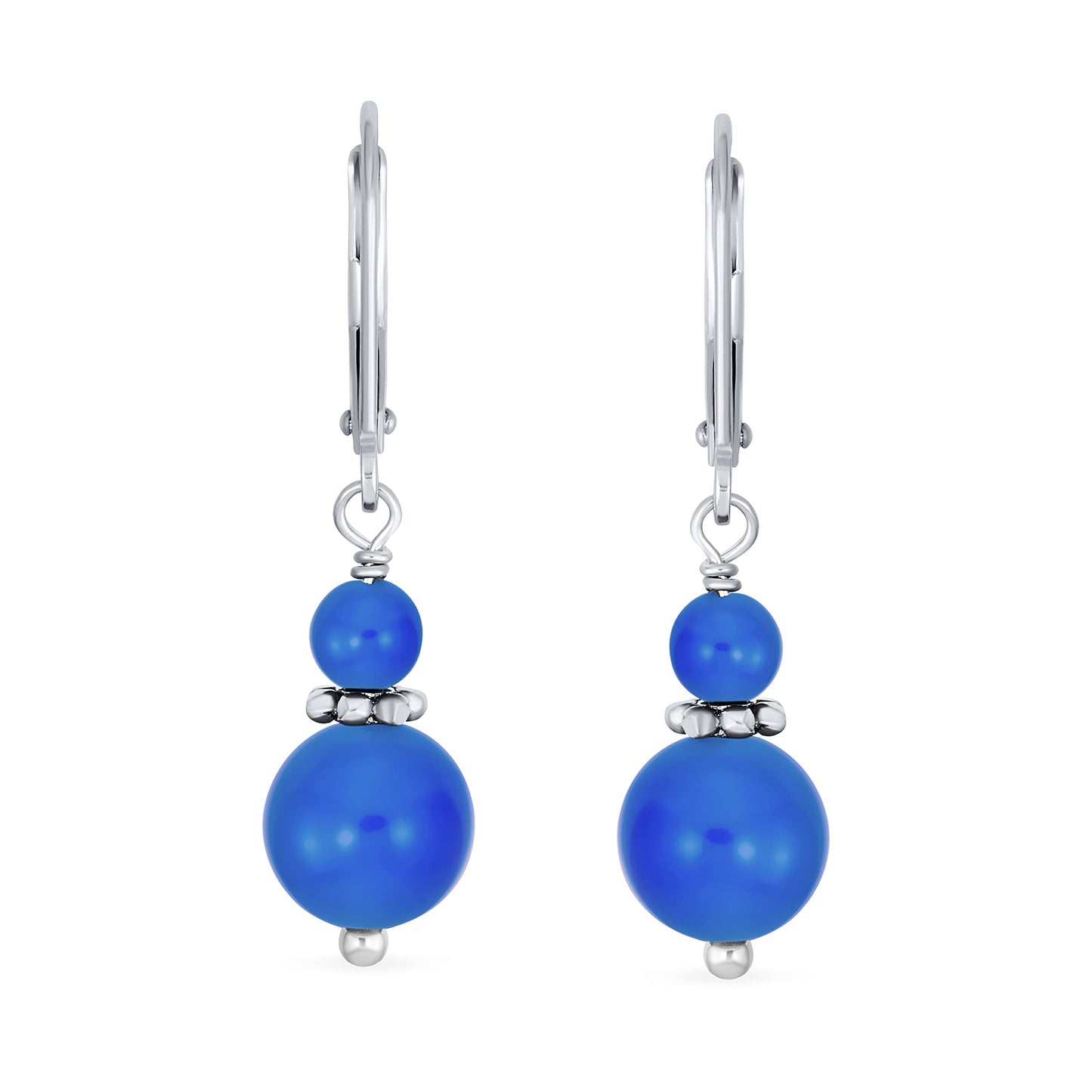 Bling Jewelry Bali Style .925 Sterling Silver Blue Agate Bead 3MM & 8mm Balls Drop Earrings Milgrain Rondel Separator Lever Back Genuine Gemstone