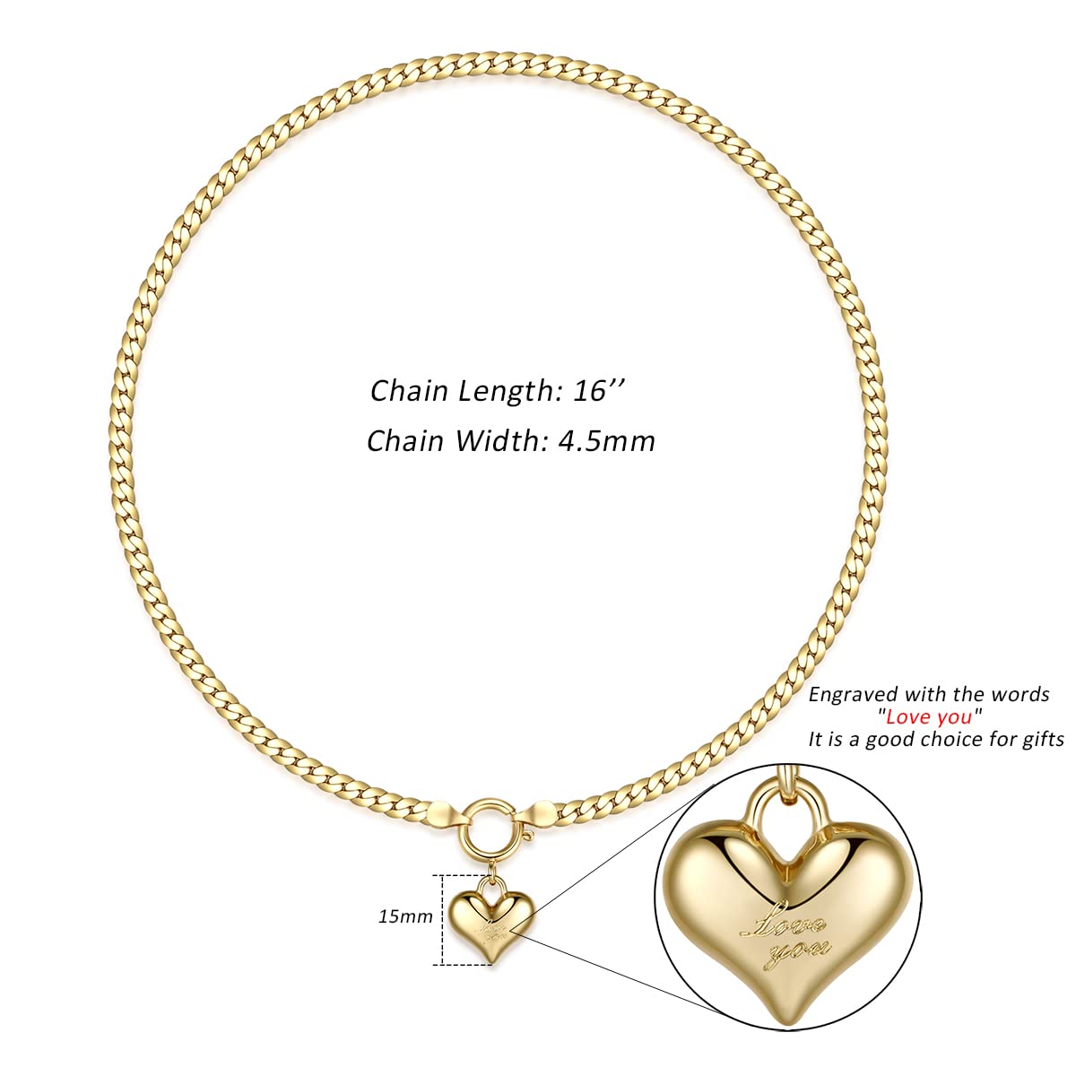 NUZON Love Heart Pendant Necklace for Women 18K Gold Plated Thick Flat Herringbone Snake Chain Choker Engraving “Love You” Charm Sailor Lock Layering Jewelry 16’’