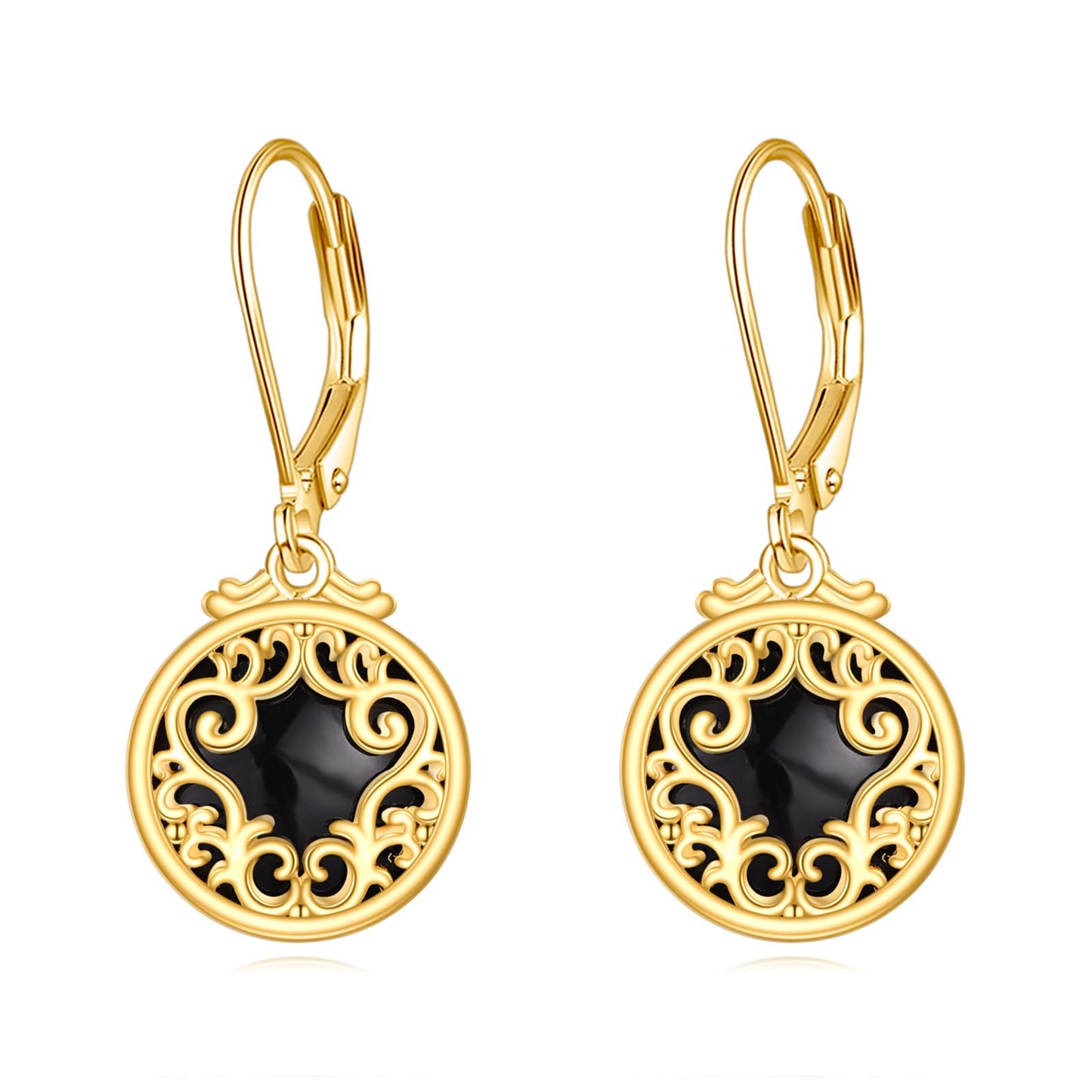 Black Onyx Dangle Drop Earrings for Women Sterling Silver 18K Yellow Gold Plated Filigree Black Onyx Leverback Earrings Jewelry Gifts