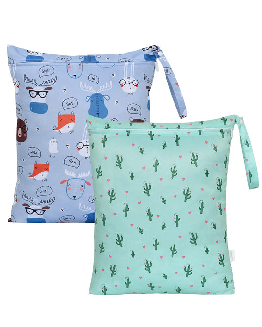 OTraki 2Pcs Waterproof Wet Dry Bags 16x20 inch Wet Bag for Baby, Swimsuit, Cloth Diaper, Daycare With Zippered & Handle Wet Clothes Storage Bag Drying Do Not Exceed 176℉ (Animal & Cactus Pattern)