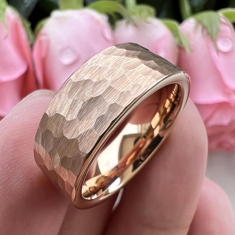 TUTISS 8mm Rose Gold Hammered Tungsten Rings for Men Women Engagement Wedding Bands Pipe Cut Matte Finish Comfort Fit Size 10