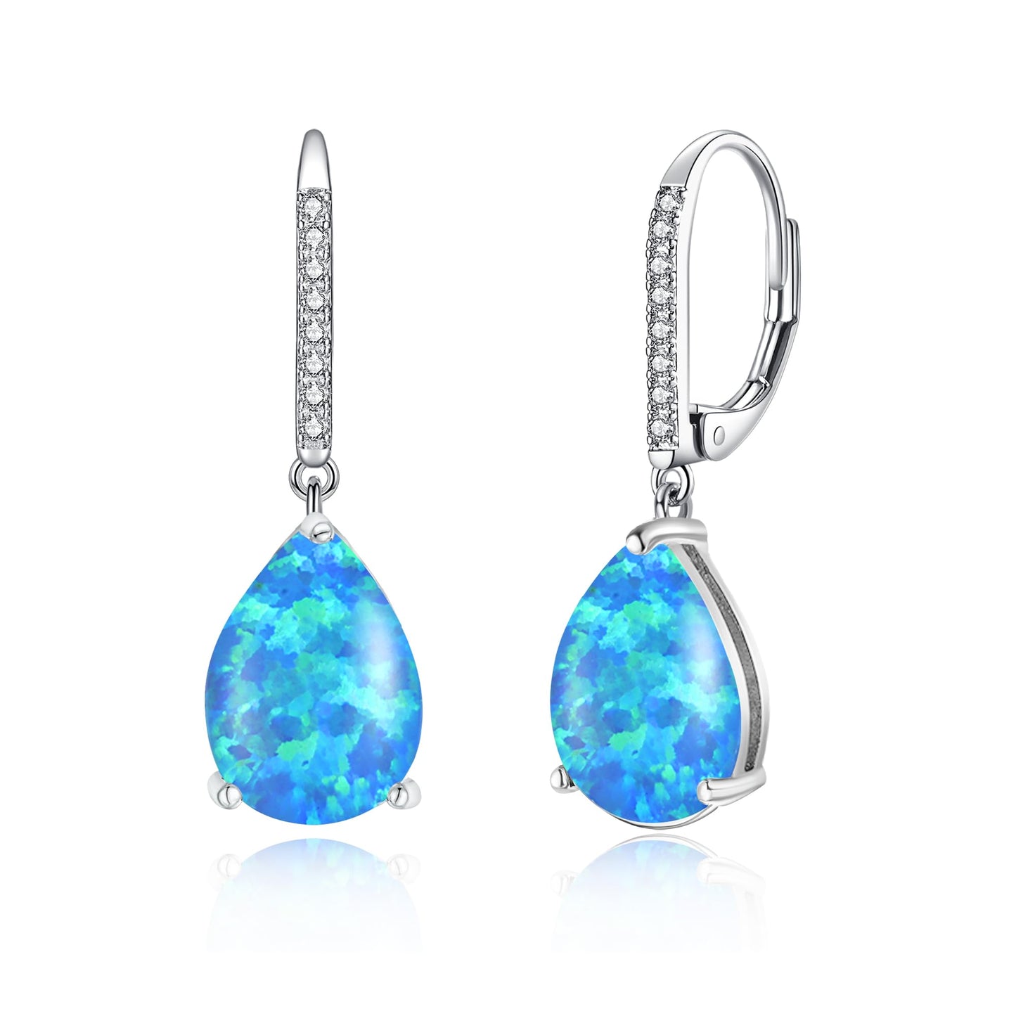 Leverback Blue Opal Dangle Earrings 14k White Gold Plated Drop Earrings for Women Teardrop Earrings Elegant Jewelry Gifts for Christmas Birthday Party