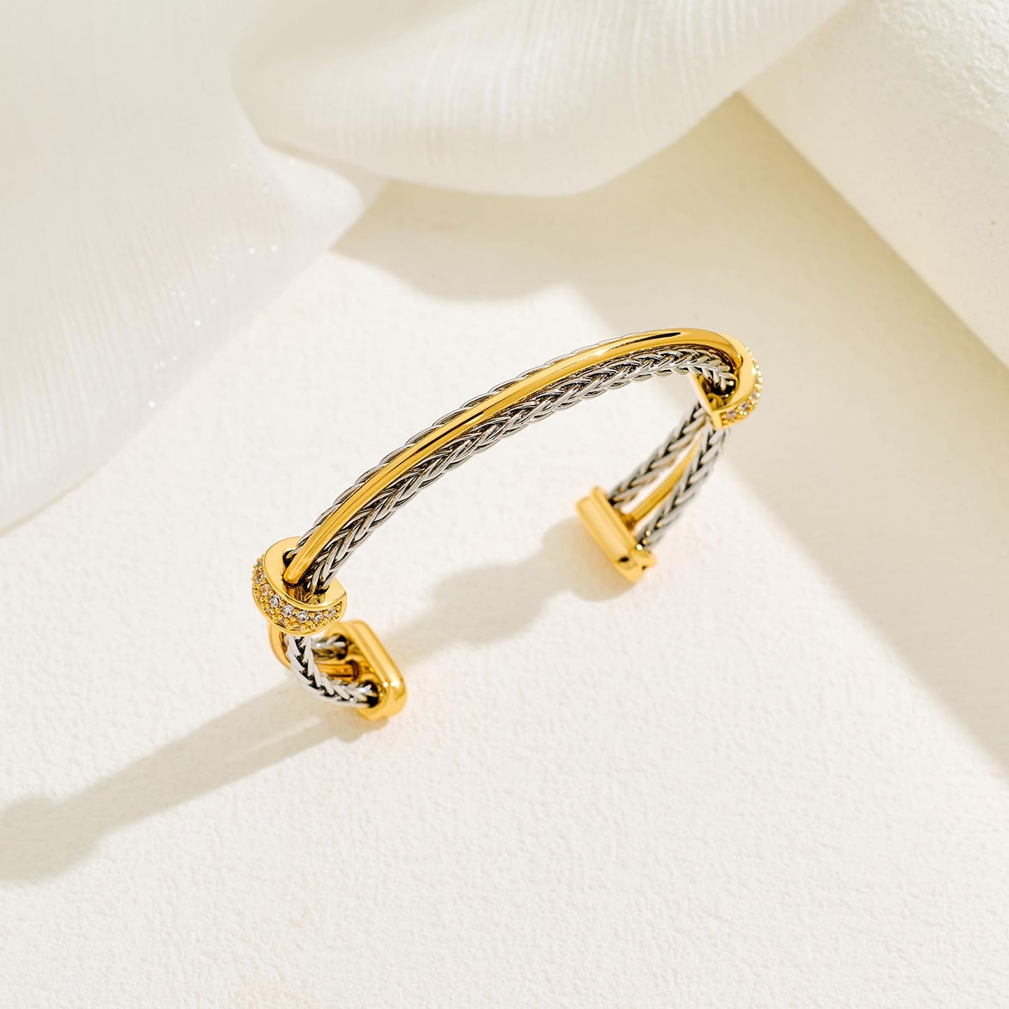 LILIE&WHITE Gold And Silver Bracelets For Women With Braided Design Trendy Cuff Bracelets Two Tone Bracelet With Cubic Zircon Fashion Boho Mixed Metal Bracelet Open Adjustable Bangle Jewelry Gift