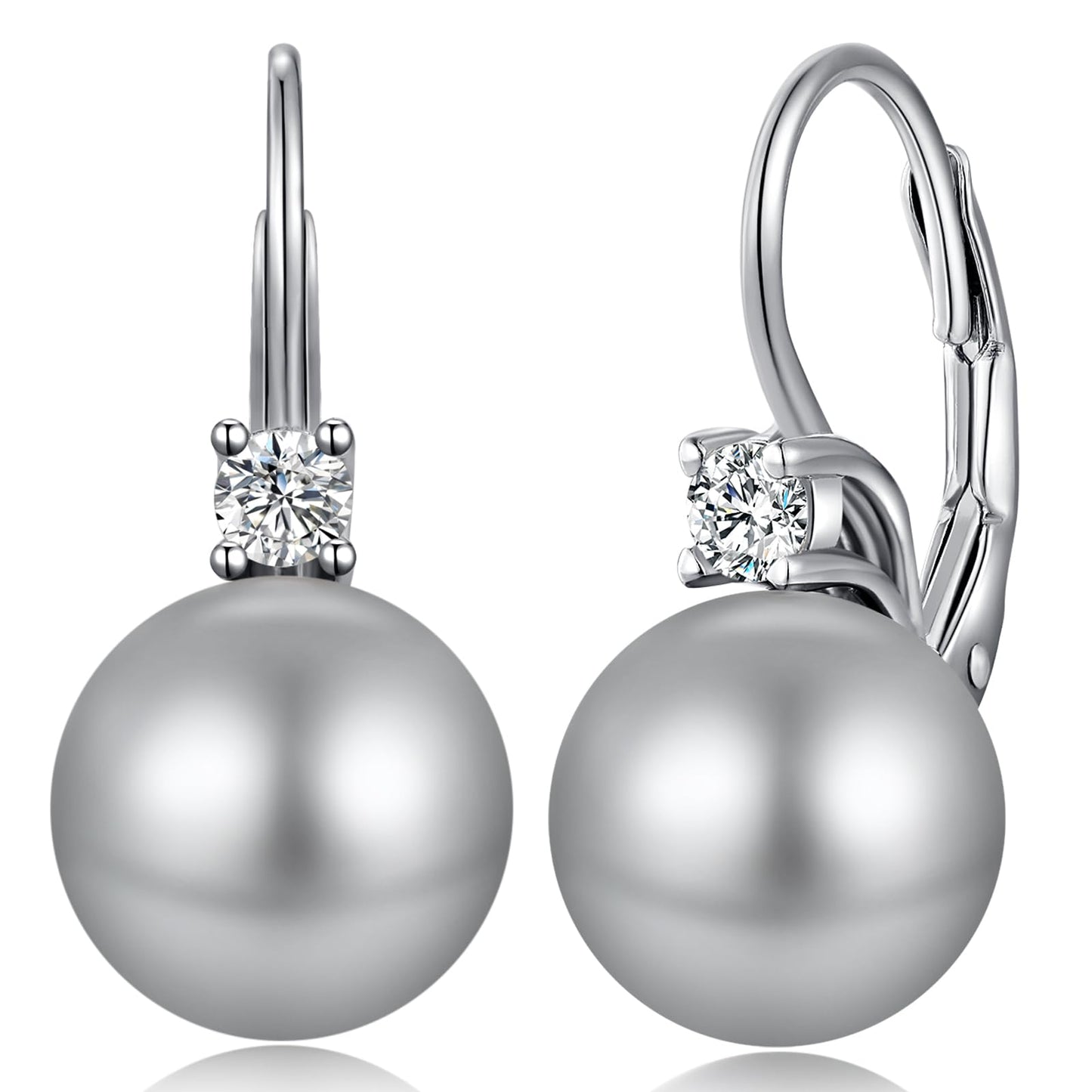 Jiahanzb Pearl Dangle Drop Earring for Women Cubic Zirconia CZ Pearl Leverback Earring Sterling Silver Gray Dangling Earrings 10mm Jewelry