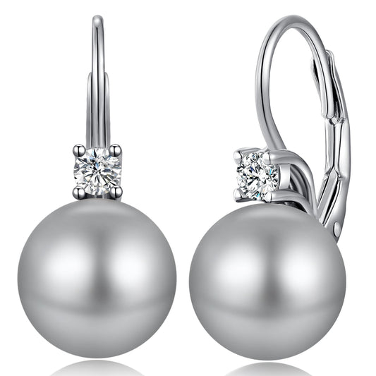 Jiahanzb Pearl Dangle Drop Earring for Women Cubic Zirconia CZ Pearl Leverback Earring Sterling Silver Gray Dangling Earrings 10mm Jewelry