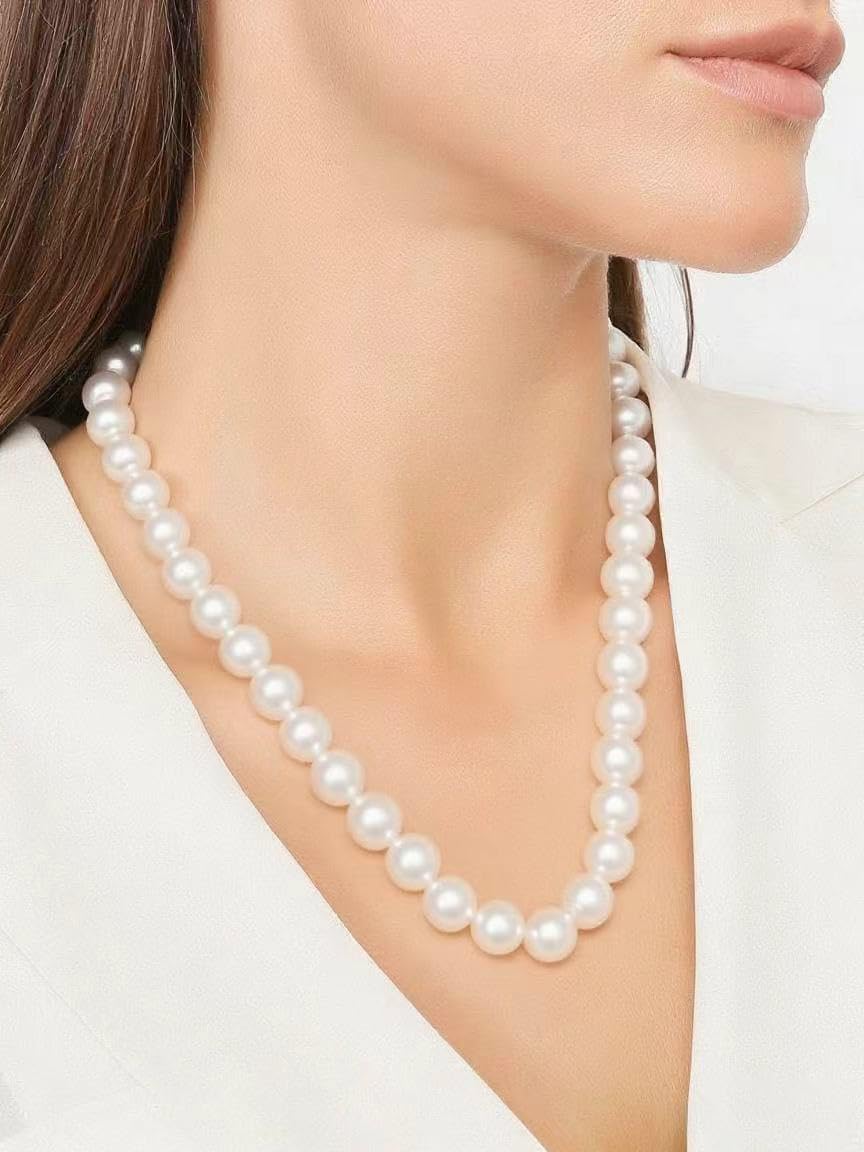 HUWODY Round White Simulated Shell Pearl Necklace Strand Pearl Choker Necklace Jewelry for Women 10mm 22inch