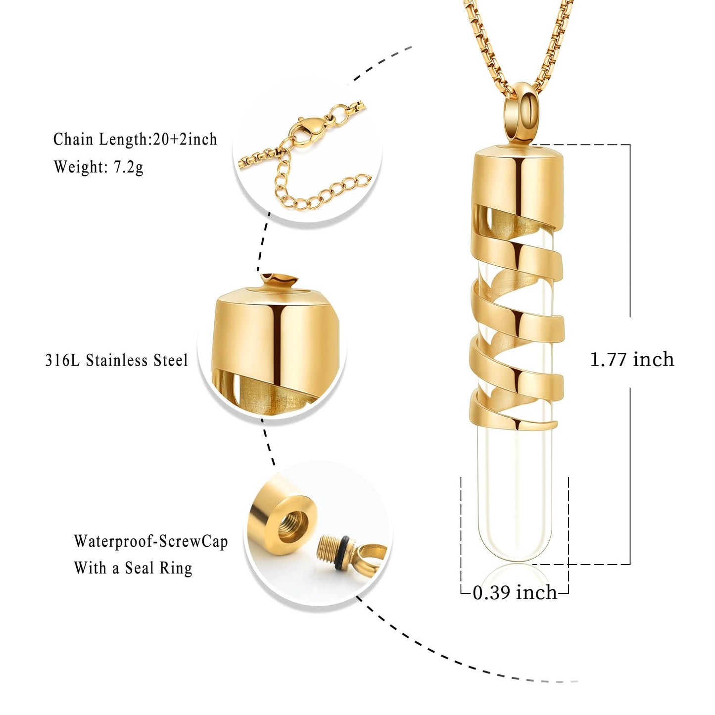 Oinsi Clear Glass Tube Cremation Jewelry for Men Women Ashes Holder Necklace Keepsake Cylinder Memorial Pendant Angel wings Urn Necklace (Gold)