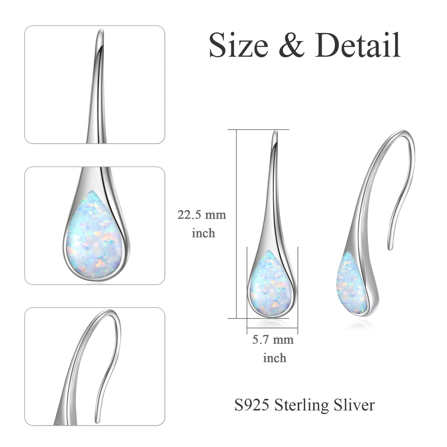 925 Sterling Silver Pear-Shaped Hook Earrings with Simulated White Opal, Teardrop October Birthstone Jewelry Gifts for Women Wife Mom