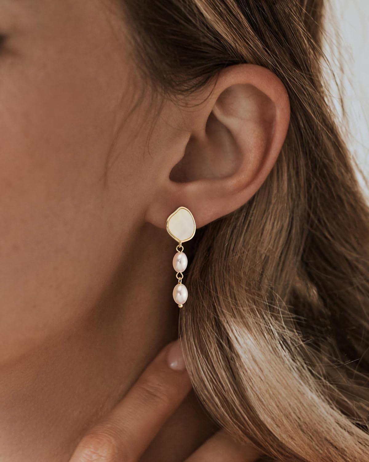 PRTGL Pearl Earrings - 14 Gold Plated Irregular Mother of Pearl Drop Dangle Earrings for Women Wedding Bridal