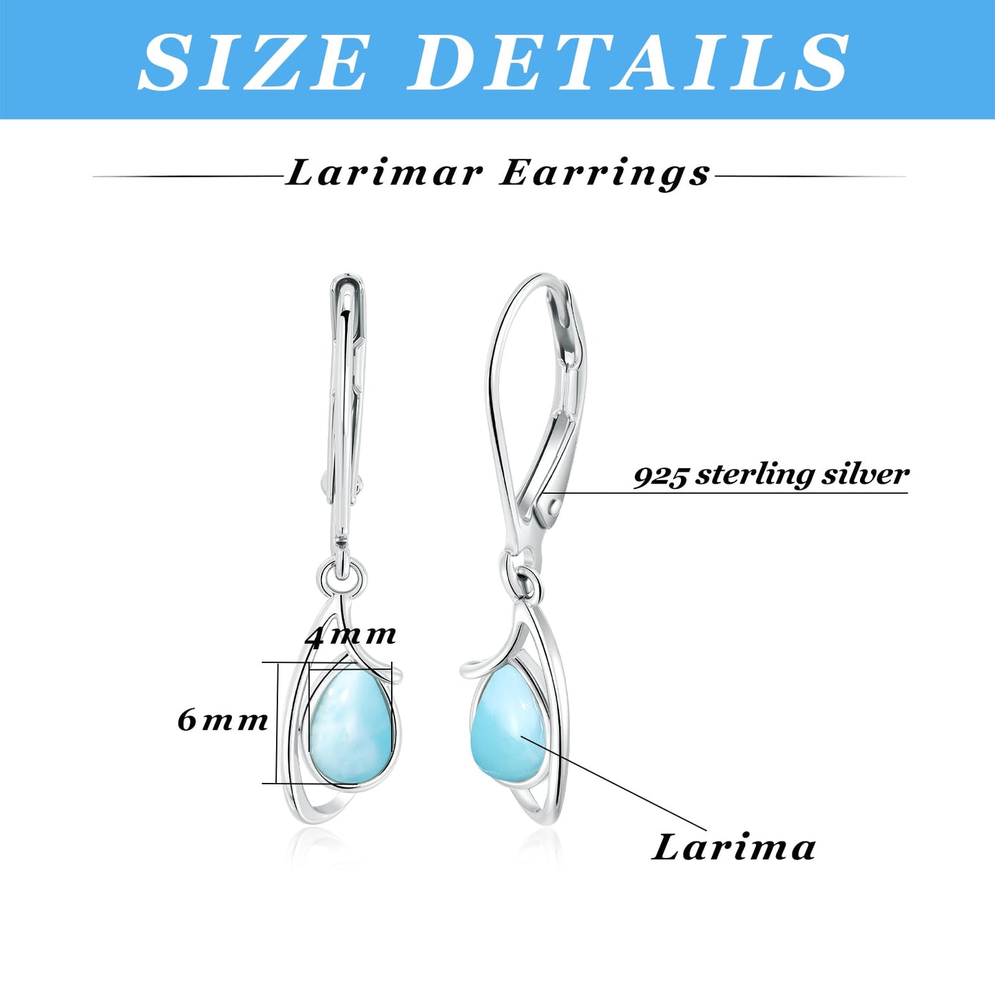 Gemsme Blue Larimar Dangle Earrings - 925 Sterling Silver Hypoallergenic Teardrop Drop Leverback Earrings Jewelry for Women
